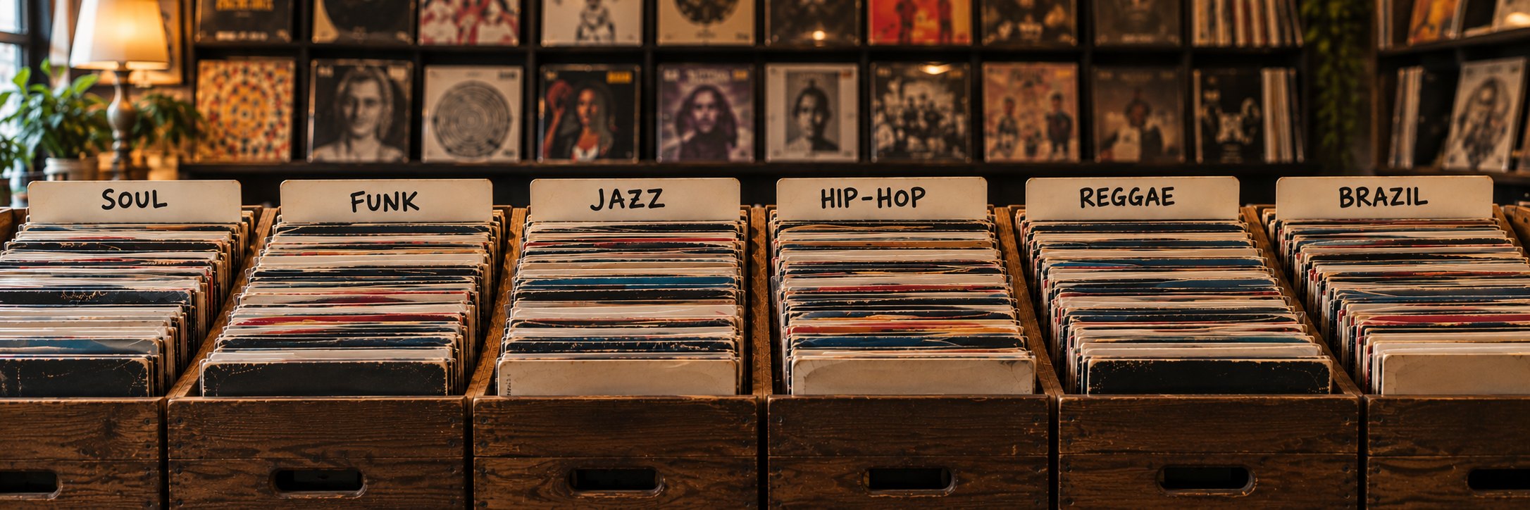 Six bacs de disques: soul, funk, jazz, hip-hop, reggae, Brazil
